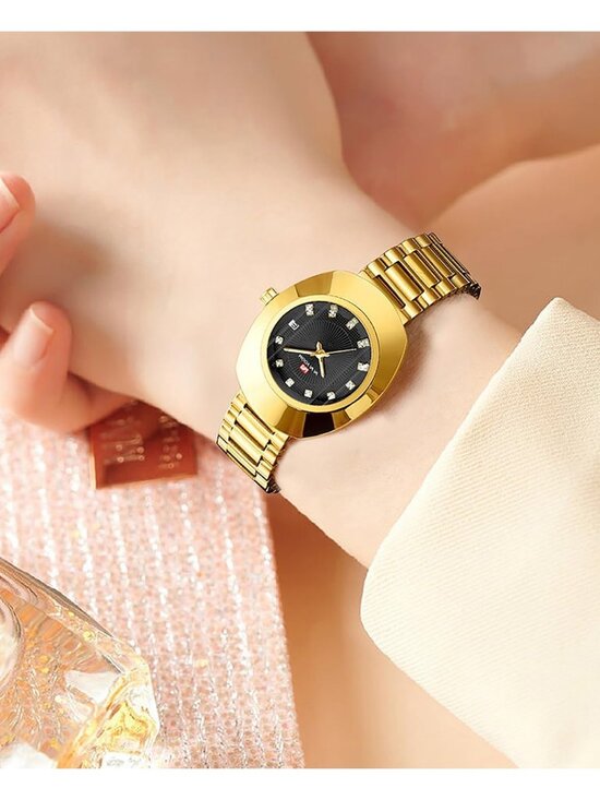 Women\'s Gold Black Casual Stainless Steel Oval Style Waterproof Wrist Watch main image 5